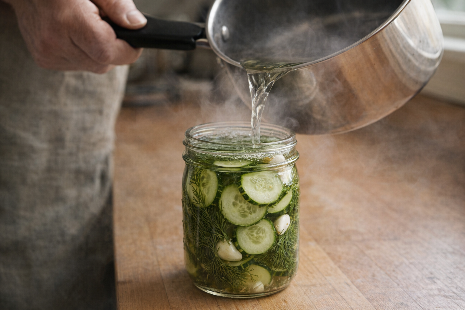 A close-up, slightly angled shot of a hand pouring hot brine from a saucepan into a pint jar packed with sliced cucumbers, dill sprigs, and garlic cloves. Steam is rising from the jar.